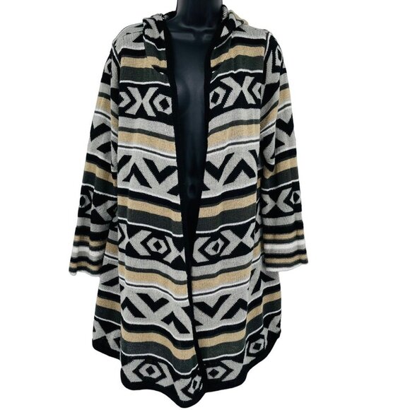 One World Women's Aztec Print Knit‎ Hooded Cardigan Size 1X Open Front Fall - Picture 1 of 9
